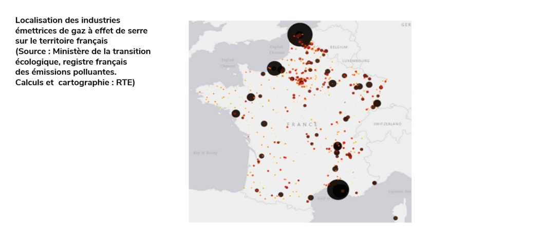 Localisation des industries émettrices de gaz à effet de serre sur le territoire français