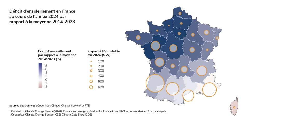 Déficit d’ensoleillement en France au cours de l’année 2024 par rapport à la moyenne 2014-2023
