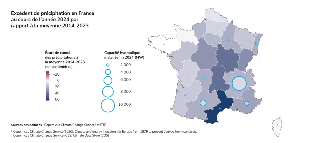 Excédent de précipitation en France au cours de l’année 2024 par rapport à la moyenne 2014-2023