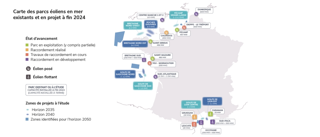 Carte des parcs éoliens en mer existants et en projet à fin 2024