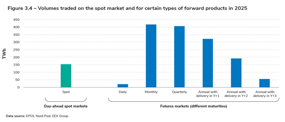 Figure 3.4 – Volumes traded on the spot market and for certain types of forward products in 2025.jpg