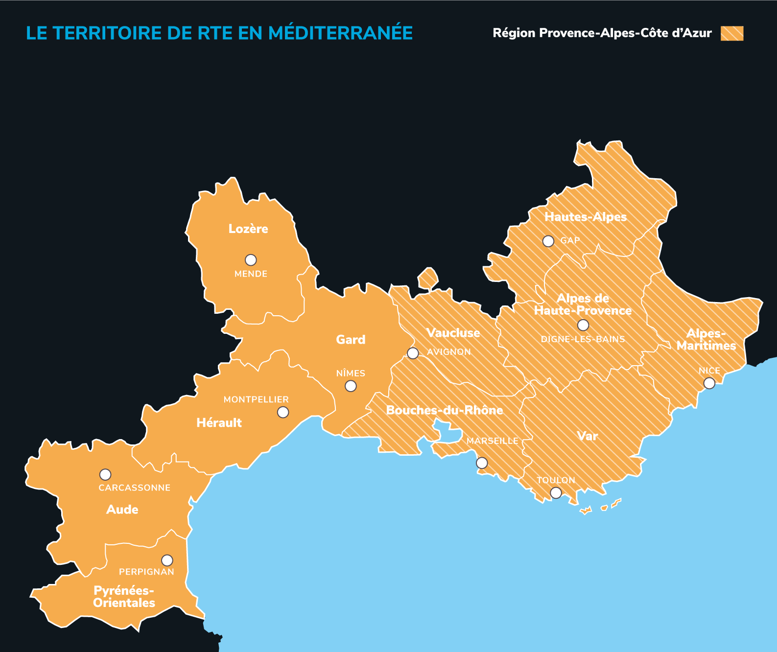Carte RTE en Méditerranée départements dark mode