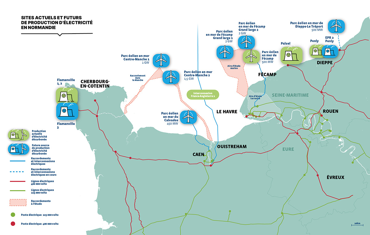 Carte schématique de l'évolution de la production et de la consommation d'électricité en Normandie (transcription ci-après)