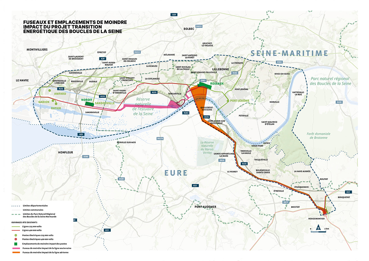 Carte des aires retenues du projet de Transition énergétique des Boucles de la Seine (transcription ci-après)