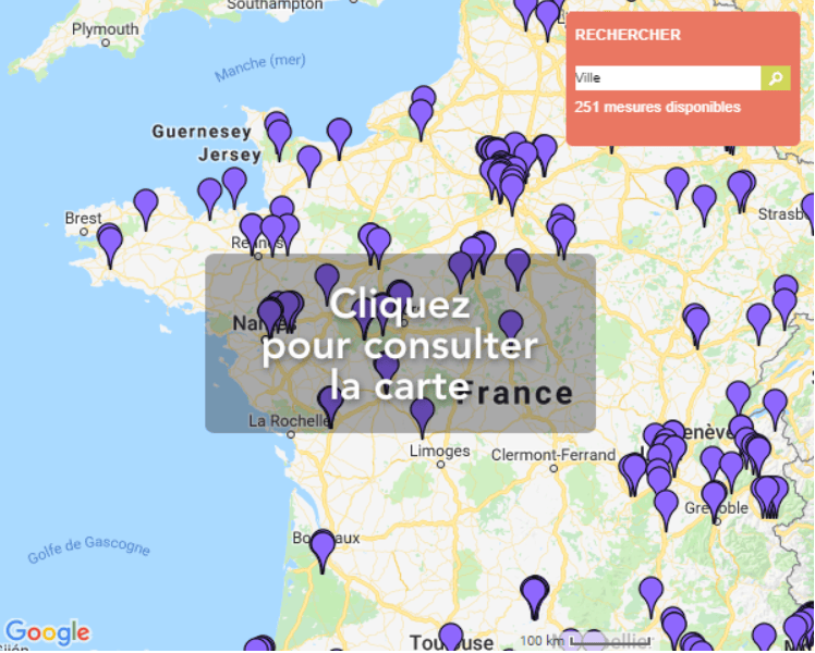 Capture d'une carte centralisant les mesures de champs magnétiques effectuées en France (cliquez pour consulter la carte interactive)