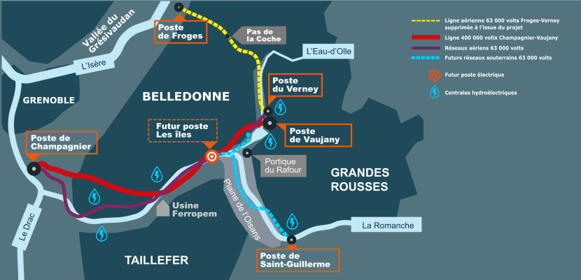Carte du poste électrique dans la plaine de l’Oisans pour un réseau optimisé (transcription ci-après)