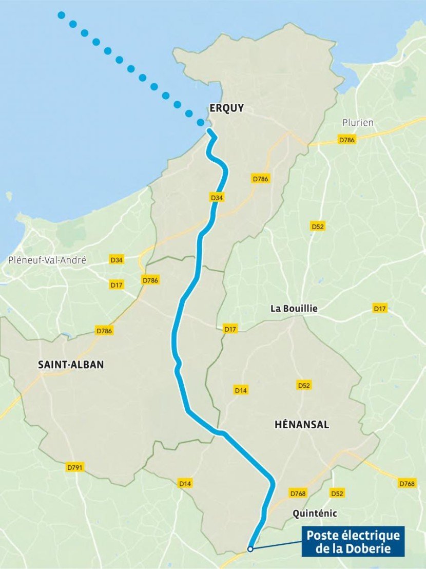 Carte du projet de raccordement à 225 000 volts du parc éolien en mer de la baie de Saint-Brieuc (transcription ci-après)