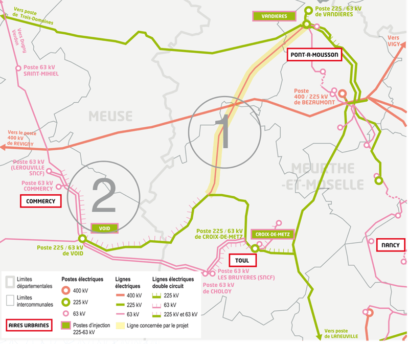 Carte de Vandières-Void dans le cadre du projet du renforcement du réseau électrique entre Val-de-Meuse et Val-de-Moselle (transcription ci-après)