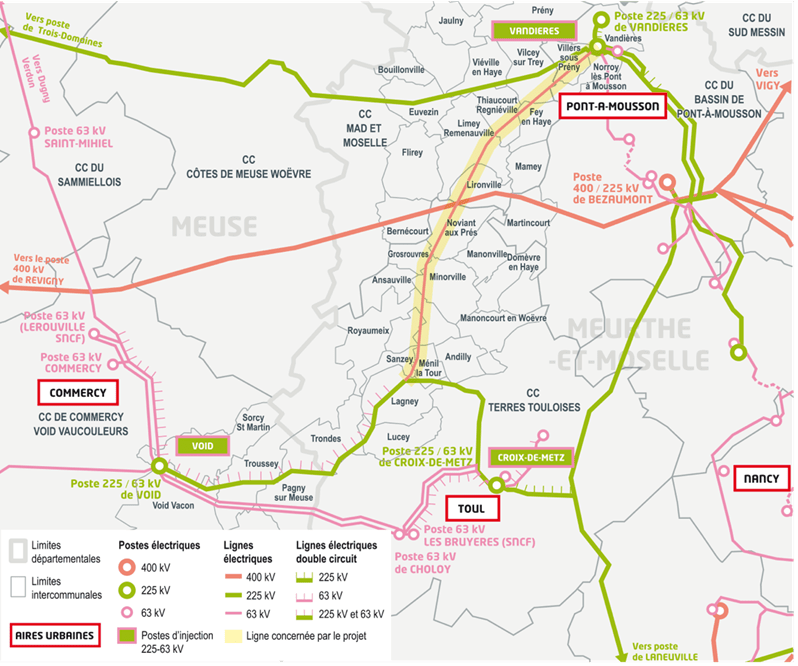 Carte du projet du renforcement du réseau électrique entre Val-de-Meuse et Val-de-Moselle (transcription ci-après)