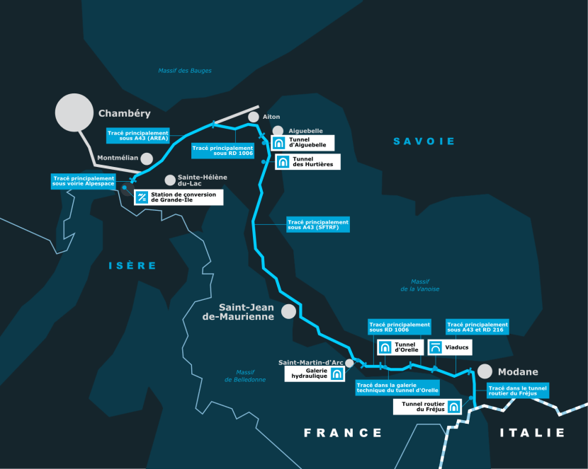 Carte du projet Savoie-Piémont : 190 km de solidarité européenne entre Chambéry et Turin (transcription ci-après)