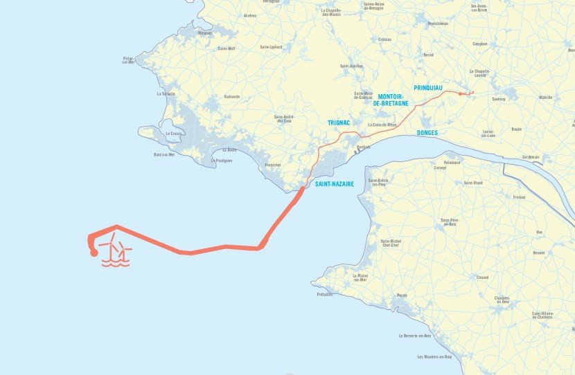 Carte du projet de raccordement du parc éolien en mer de Saint-Nazaire (transcription ci-après)