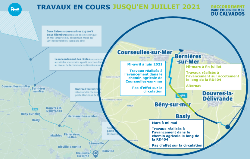Carte des travaux de l'été 2021 du projet du raccordement du parc éolien en mer du Calvados (transcription ci-après)