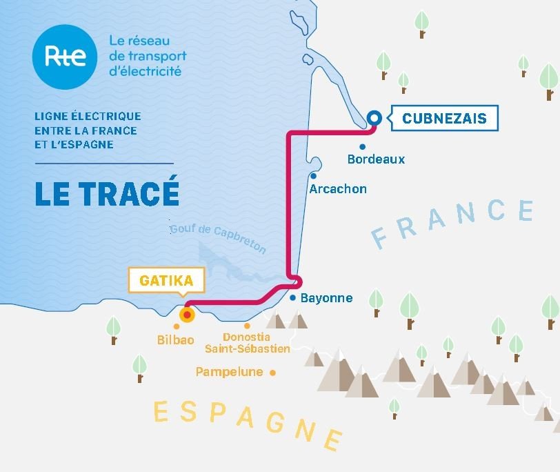 Carte du tracé du projet d'interconnexion Golfe de Gascogne (transcription ci-après)