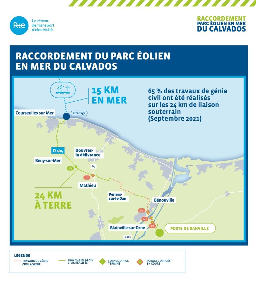 Carte du projet du raccordement du parc éolien en mer du Calvados (transcription ci-après)
