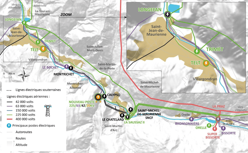 Carte du projet de la restructuration du réseau électrique en Maurienne (transcription ci-après)