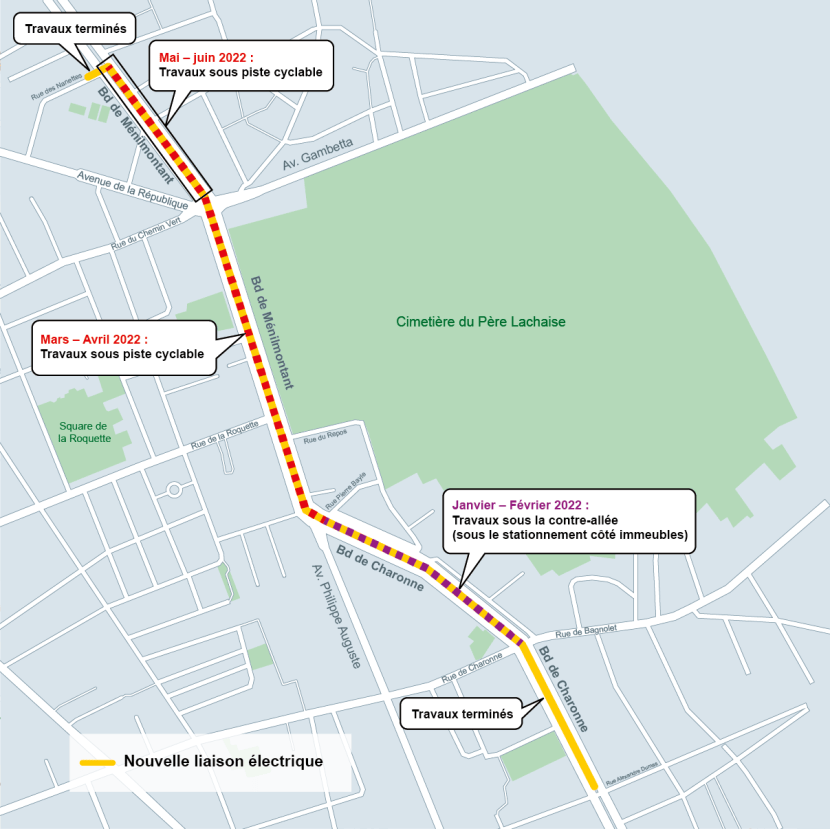 Carte des travaux du projet du renouvellement d'une ligne électrique souterraine 63 000 volts entre Nation et Père Lachaise (transcription ci-après)