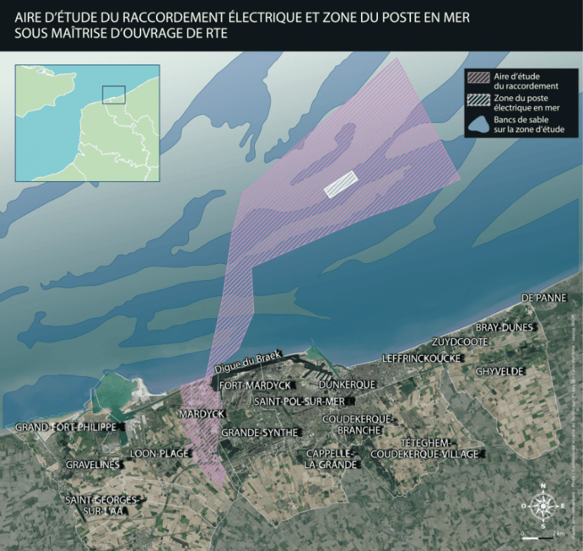 Carte de l'aire d'études du projet du raccordement électrique du parc éolien en mer de Dunkerque (transcription ci-après)