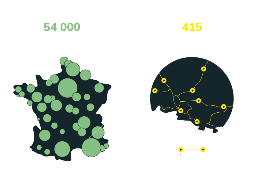 Carte de points de recharge ouverts au public en France (transcription ci-après)