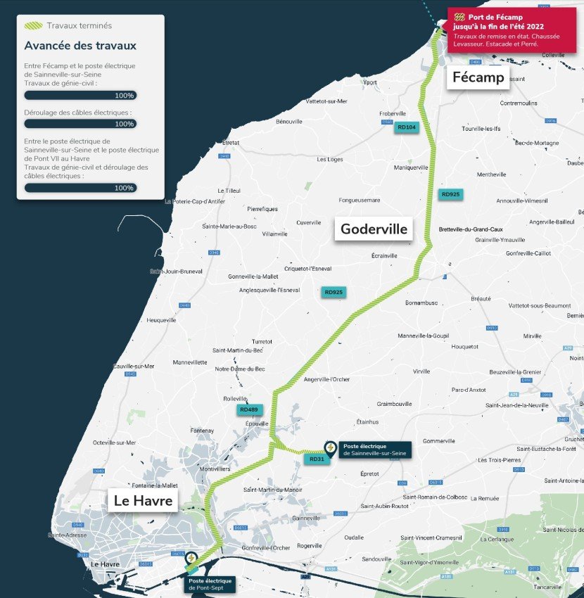 Carte des travaux du projet de raccordement du parc éolien en mer situé au large de Fécamp (transcription ci-après)