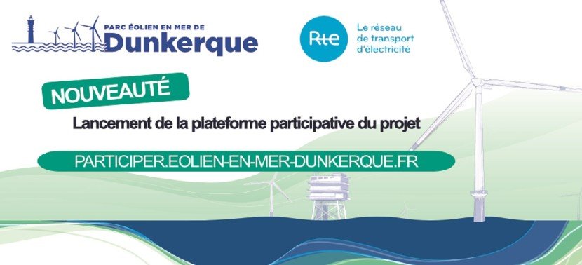 Affiche du lancement de la plateforme participative du projet « Parc éolien en mer de Dunkerque » : participer.eolien-en-mer-dunkerque.fr