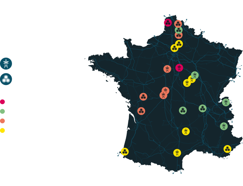 Carte des principales mises en service de RTE en 2020 (transcription ci-après)
