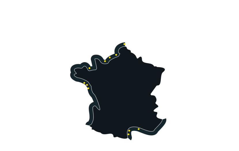 Carte des emplacements des éoliens en mer en France (transcription ci-après)