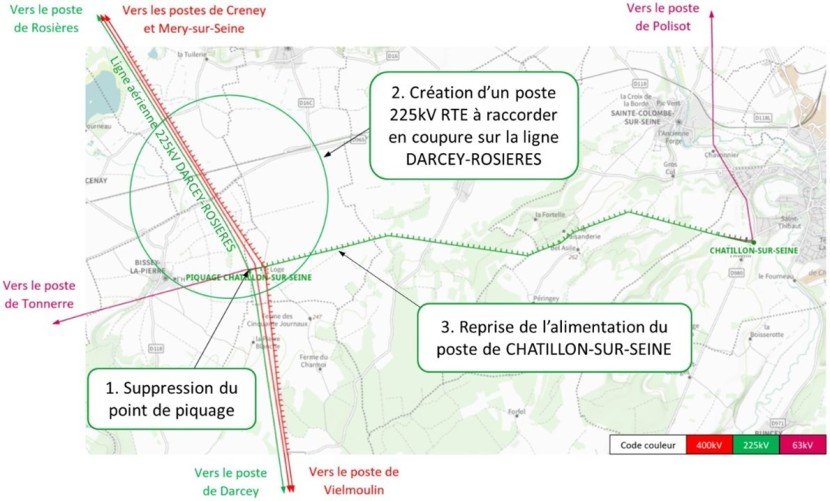 Carte du projet du nouveau poste 225 000 volts à l’ouest de Châtillon-sur-Seine (transcription ci-après)
