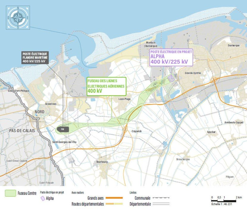Carte du fuseau de moindre impact pour les deux lignes électriques aériennes à 400 000 volts entre Saint-Georges sur l’Aa et Grande-Synthe (transcription ci-après)