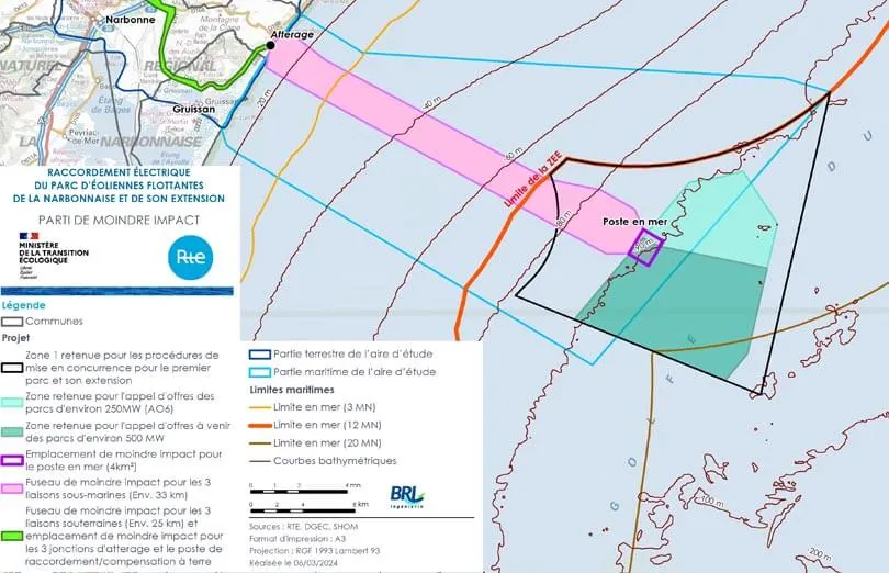Carte du parti de moindre impact du raccordement des éoliennes flottantes au large de la Narbonnaise (transcription ci-après)