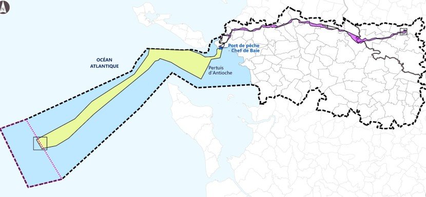 Carte du fuseau de moindre impact retenu dans le cadre du projet éolien en mer en Sud-Atlantique (transcription ci-après)