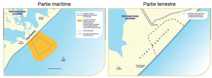Carte des études en mer et à terre du projet du raccordement d’un parc éolien flottant pilote au large du Golfe de Fos (transcription ci-après)