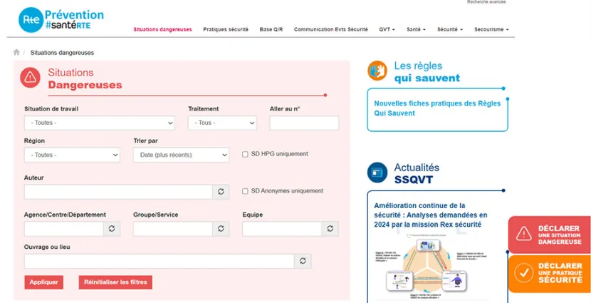 Capture écran du formulaire de déclaration « Situations Dangereuses » disponible sur l'application Prévention Santé RTE 