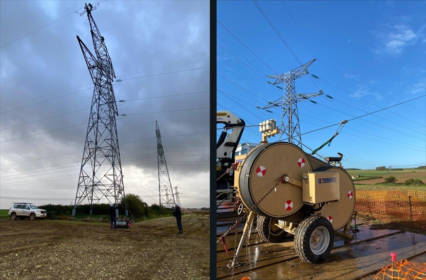 Lignards en haut du pylone et machine de déroulage de câble