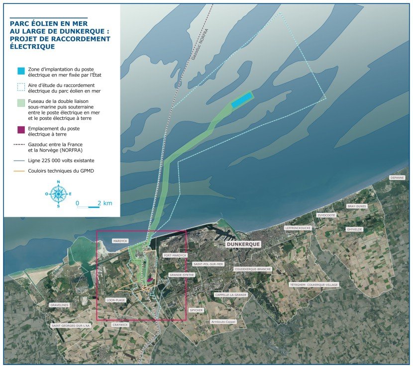 Carte du fuseau de moindre impact du projet du raccordement électrique du parc éolien en mer de Dunkerque (transcription ci-après)