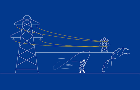 Illustration pêcheur et ligne haute tension
