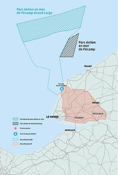 Carte du projet de Parc éolien en mer de Fécamp Grand Large. Transcription textuelle ci après