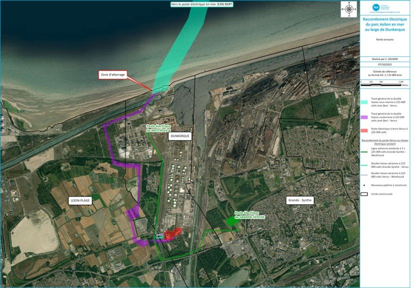 Carte de l'implantation du poste électrique terrestre et son raccordement du parc éolien en mer de Dunkerque (transcription ci-après)