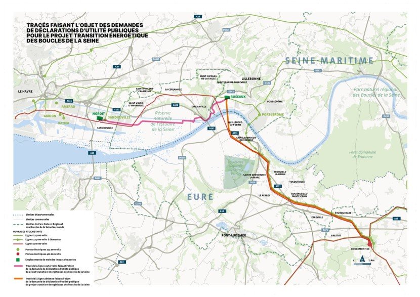 Carte des aires retenues du projet de Transition énergétique des Boucles de la Seine (transcription ci-après)