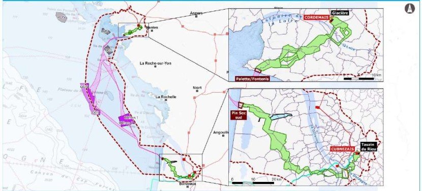 Carte d'ensemble des fuseaux de moindre impact du projet Gironde - Loire-Atlantique et détail en Loire- Atlantique et en Gironde