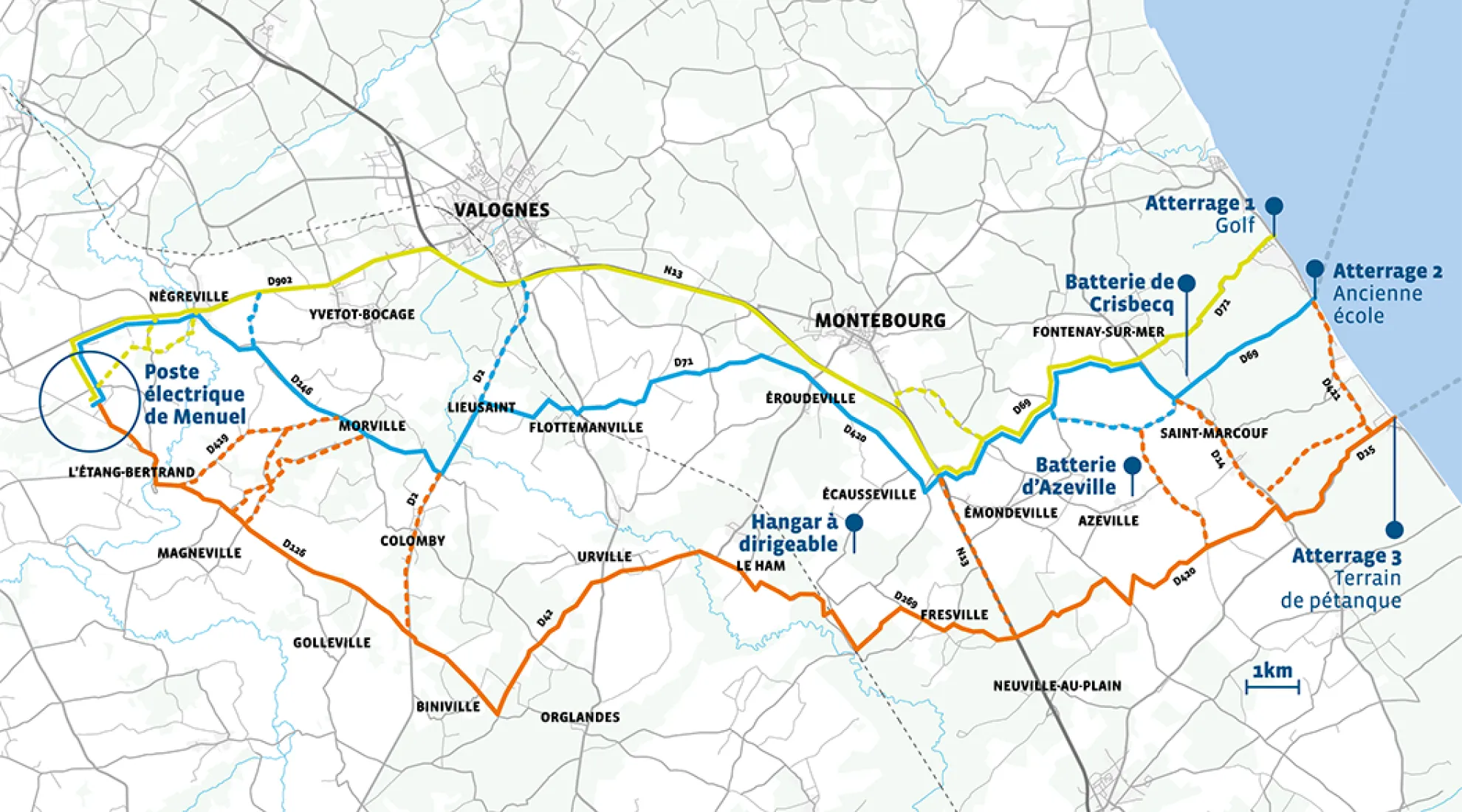 Carte des fuseaux de moindre impact pour la liaison souterraine du projet du raccordement du parc éolien en mer Centre-Manche 1 (transcription ci-après)