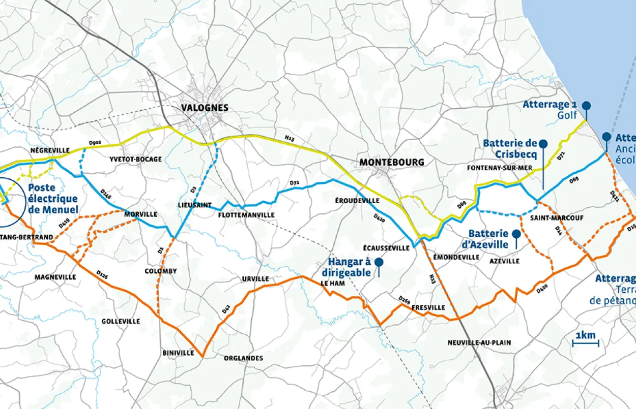 Carte des fuseaux de moindre impact pour la liaison souterraine du projet du raccordement du parc éolien en mer Centre-Manche 1 (transcription ci-après)