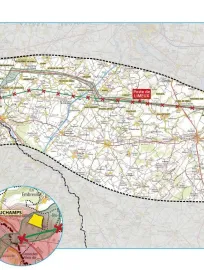 Carte du fuseau de moindre impact du projet du renforcement de l’axe électrique à 400 000 volts Normandie Hauts-de-France (transcription ci-après)